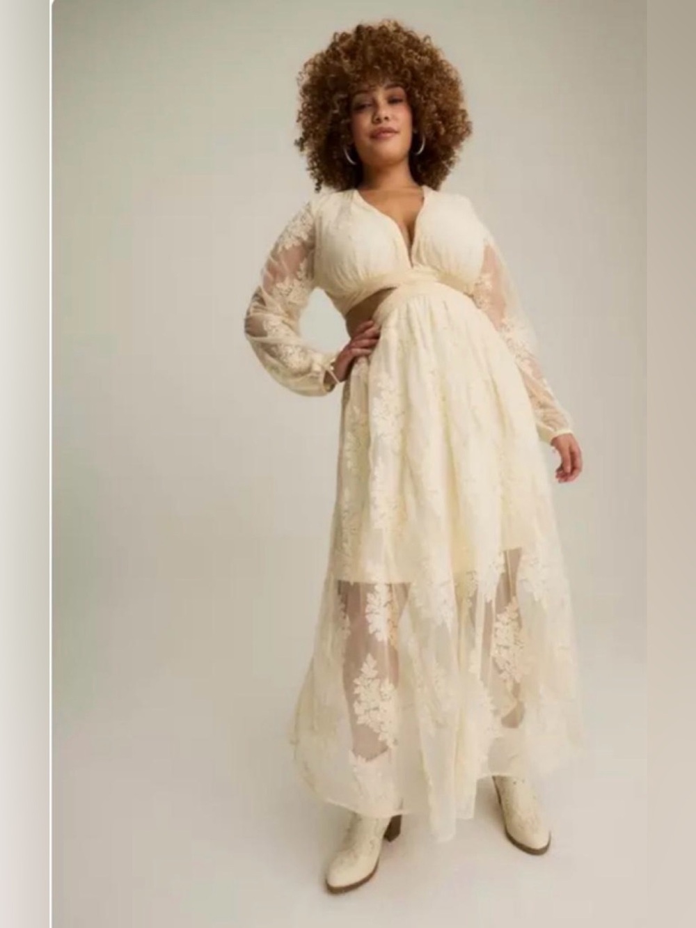 Torrid Festi Ivory Lace Maxi Dress with Sheer Long Sleeves SIZE 1 NWOT